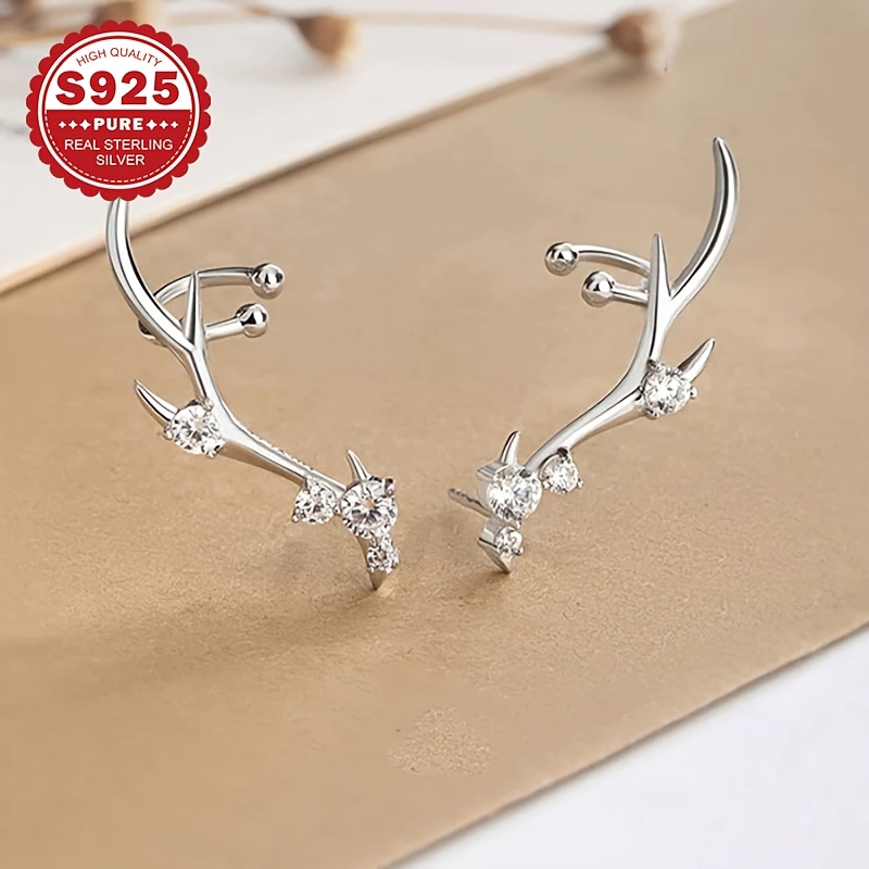 Women's S925 Silvery Deer Antler Ear Cuff with Zirconia